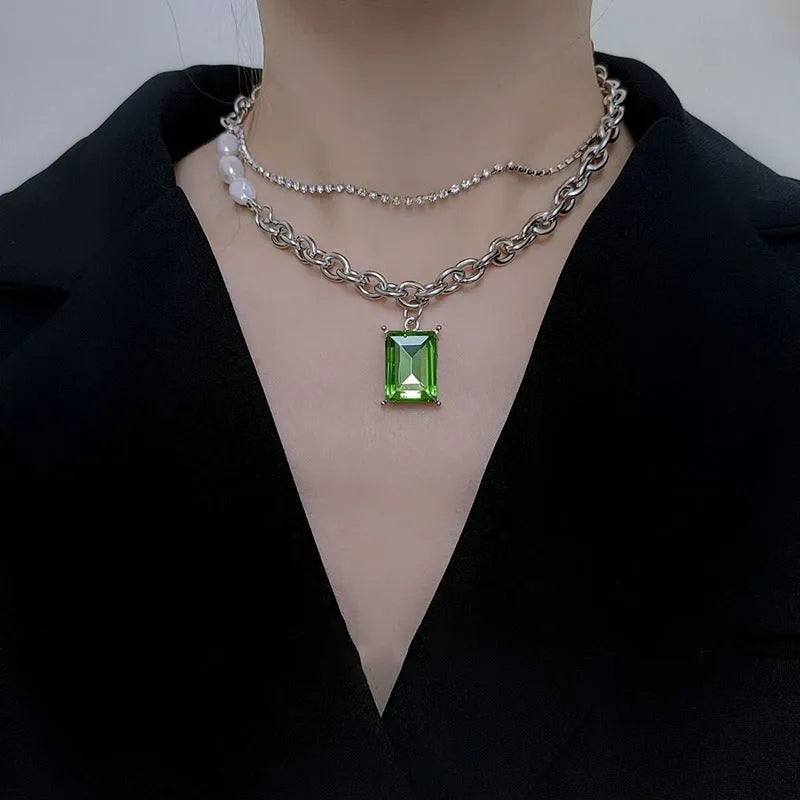 Green square brick stainless steel necklace with artificial crystal geometric pendant and adjustable chain
