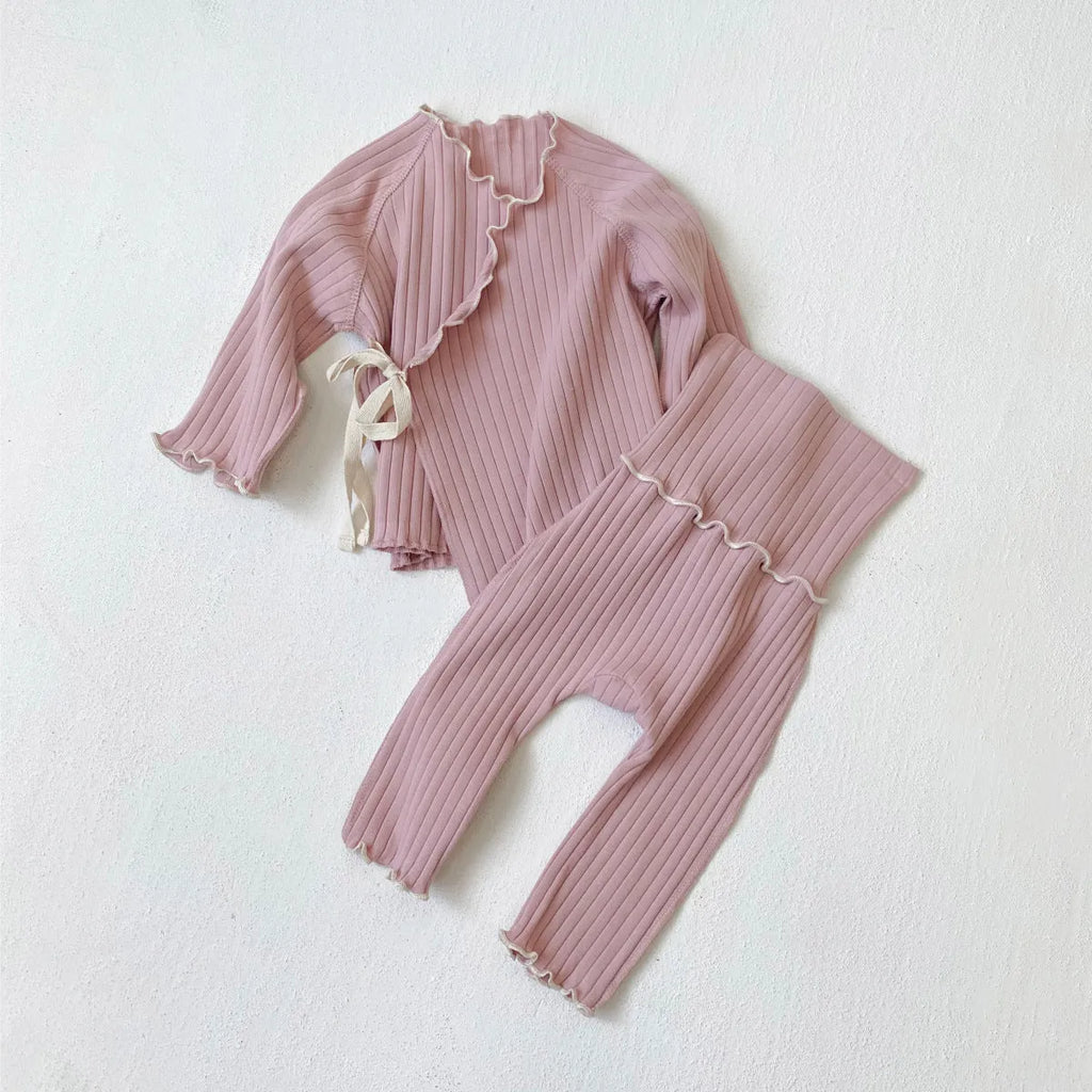 Cotton sunken stripe fungus long sleeve gown and trousers pyjama suit for unisex sleepwear