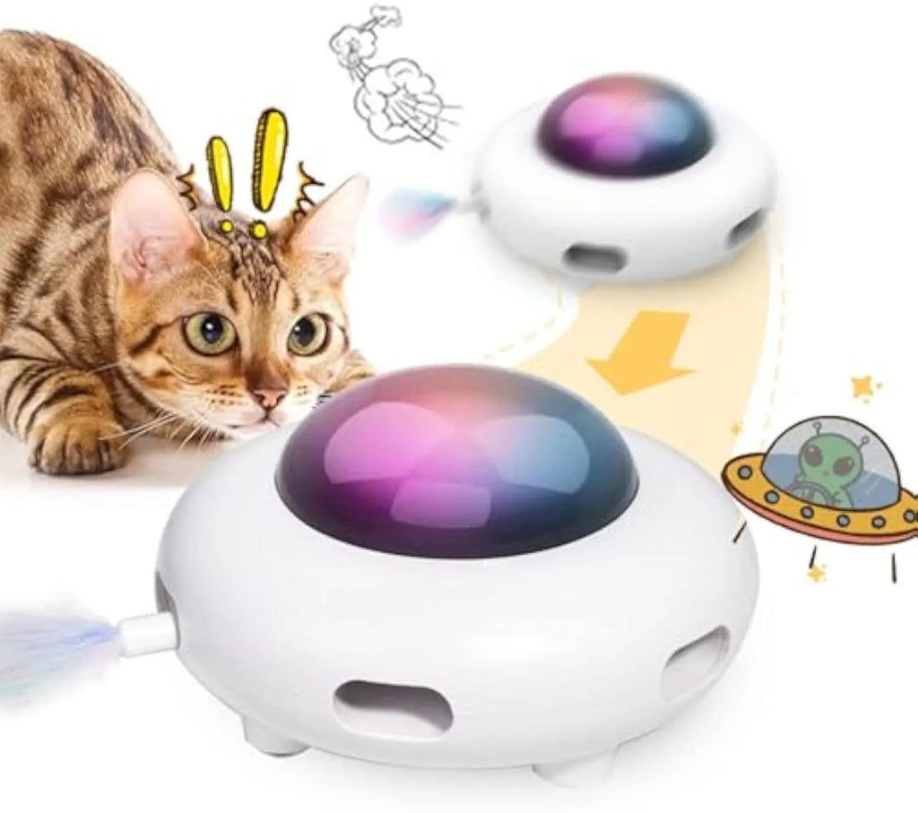 White automatic cat toy with feathers and cleaning ring on floor
