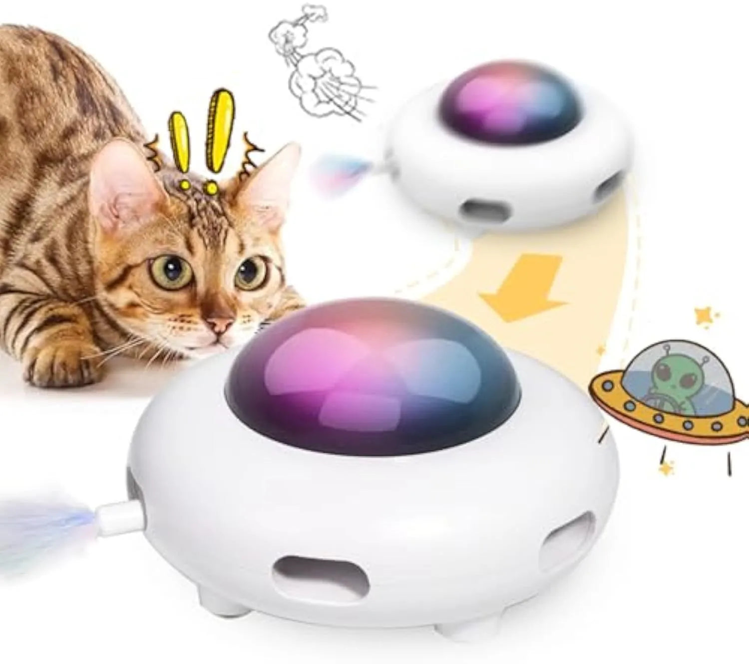 White automatic cat toy with feathers and cleaning ring on floor