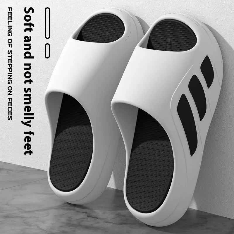Brown and two-tone EVA platform slippers for indoor home use, shown in flip-flop style.