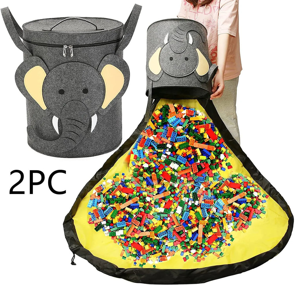 Green foldable felt cube storage bag with pull rope, shown both as a container and laid flat as a play mat.