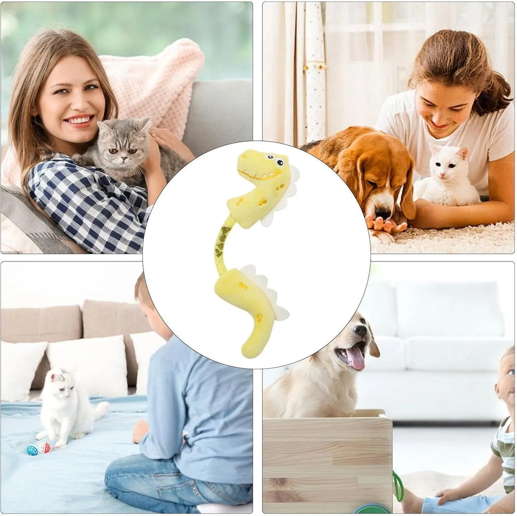 Set of four cat toys including plush, rope, and spring toys in pink, purple, and yellow colours