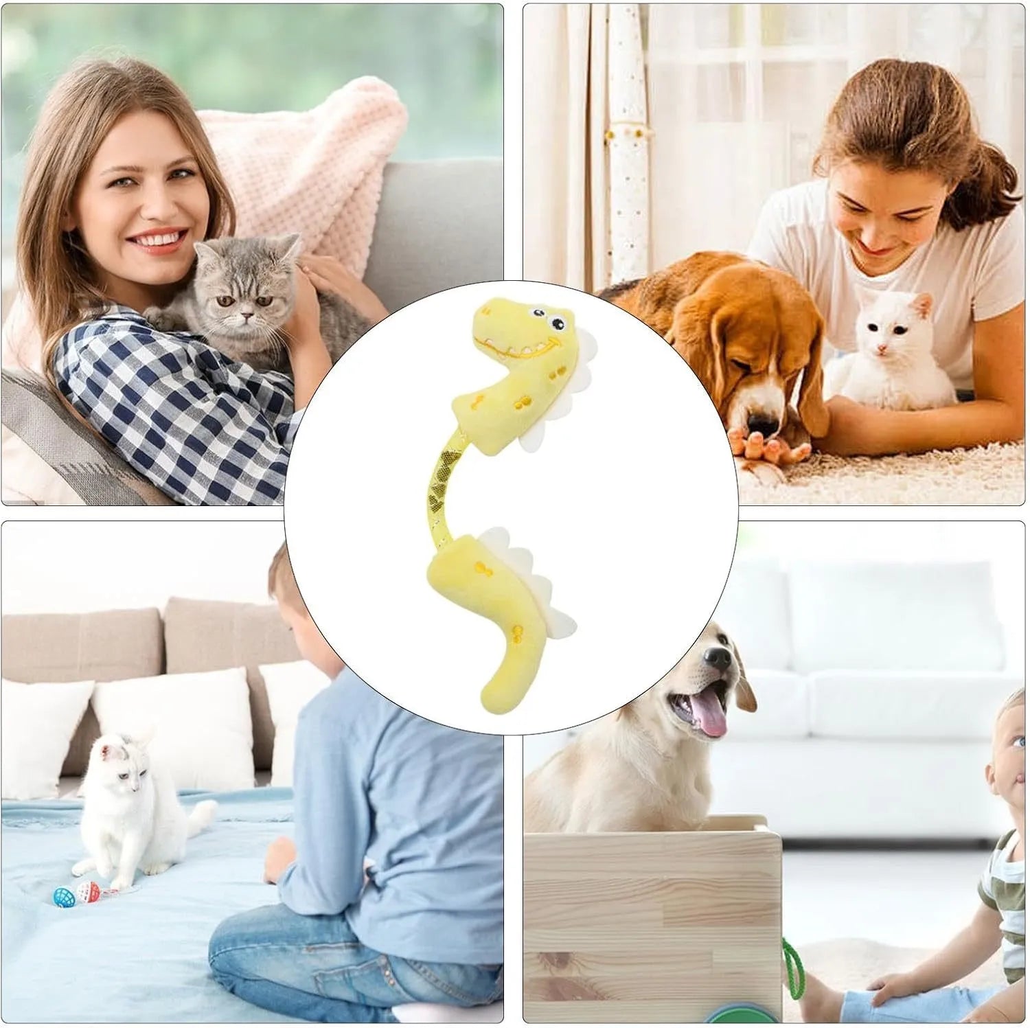 Set of four cat toys including plush, rope, and spring toys in pink, purple, and yellow colours