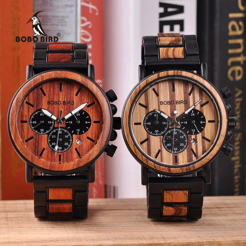 BOBO BIRD Q09 wooden men watch with natural wood case, 44mm dial, and chronograph subdials