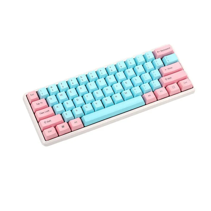 Set of opaque pink PBT keycaps with side-printed legends for a mechanical keyboard.
