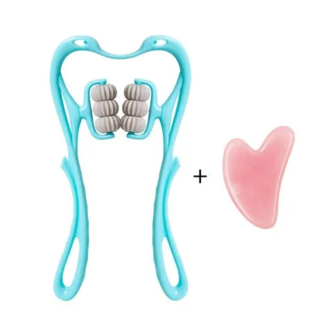 Blue swan-shaped six-wheel manual neck massager with rotating balls and natural jade scraping board on white background