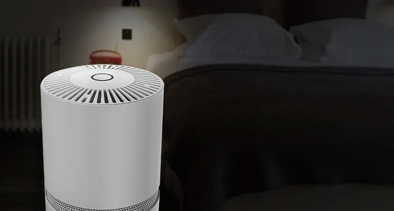 White compact desktop air purifier with front grille, dimensions 175x175x220mm, on a wooden desk