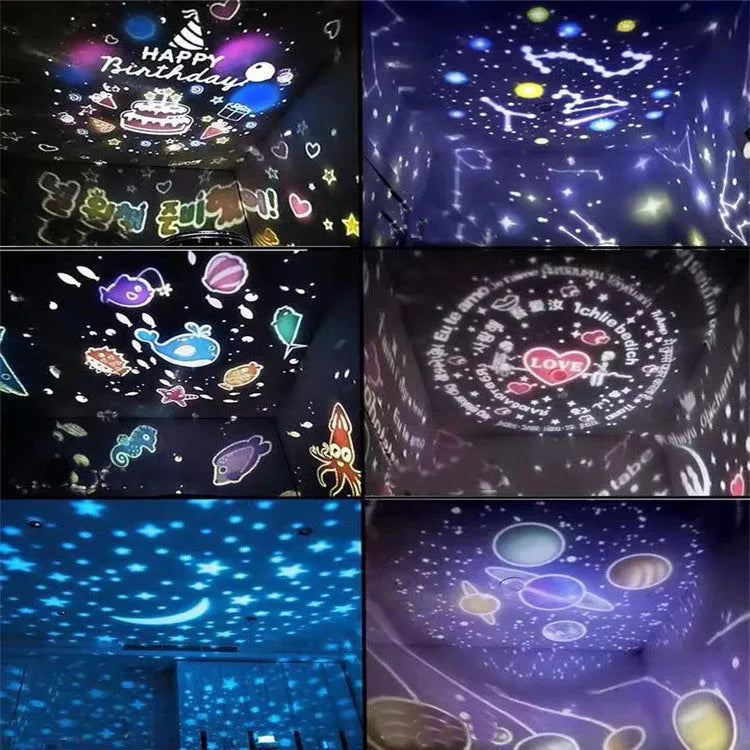 Sky Fall projector night light for kids showing constellation projection on a ceiling, USB powered, with five film discs
