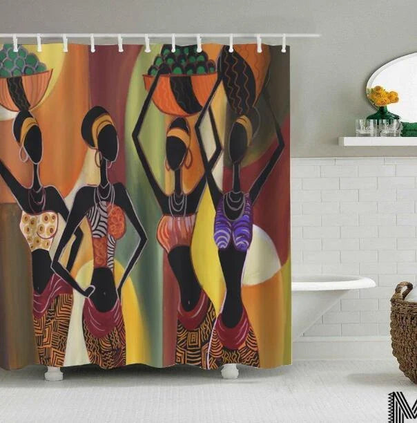 Vibrant Afro-urban printed shower curtain with modern building and African girl design