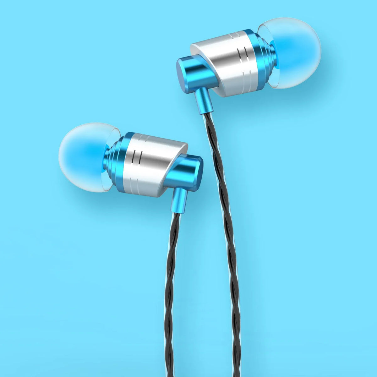 Black wired in-ear headphones with a 3.5mm plug, an in-line microphone, and silicone ear tips.