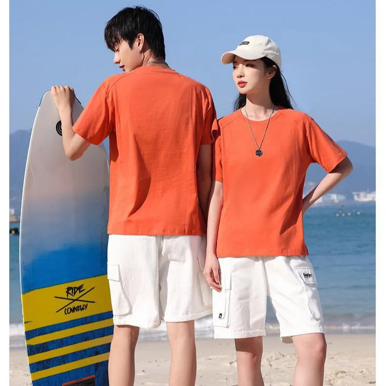 Men's pure cotton short sleeve t-shirt in solid colour, shown in a straight-cut pullover style.