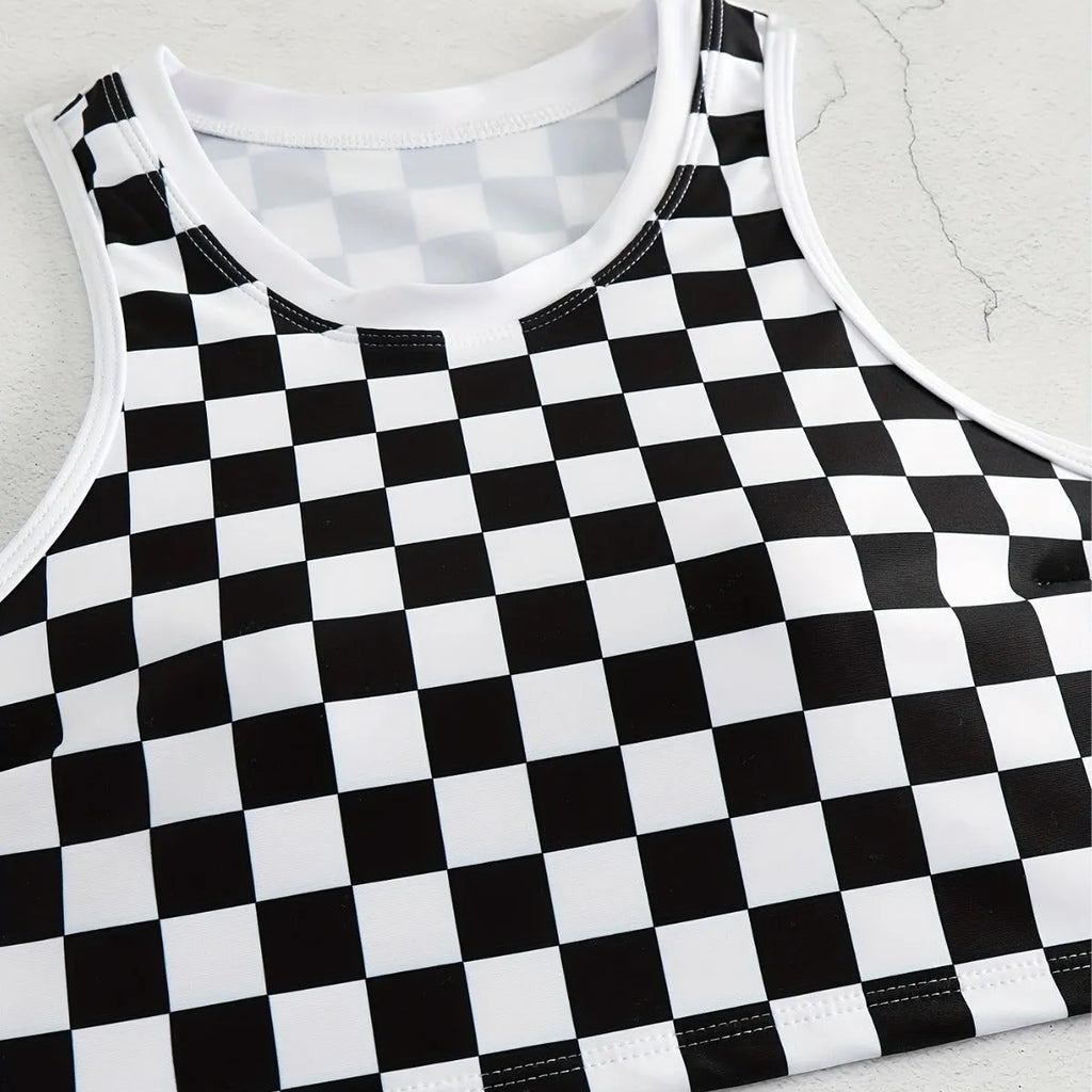 Checkered racing one-piece swimsuit with backless design and suspender straps