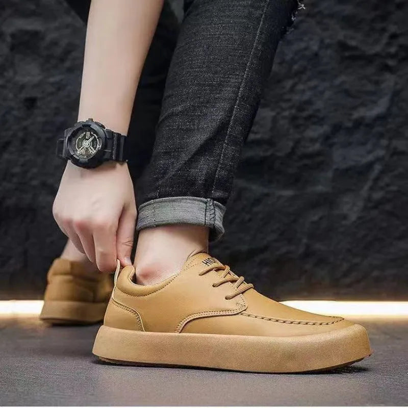 Men's brown casual lace-up shoes with a round toe and flat EVA sole on a white background.