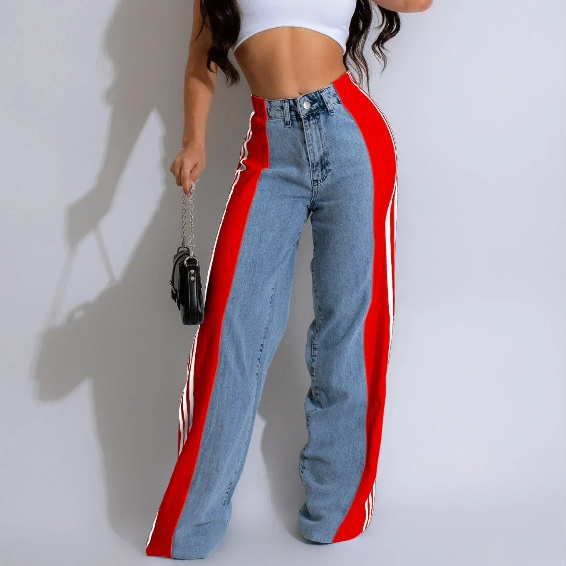 High-waist denim pants with a stylish patchwork design, available in various color options