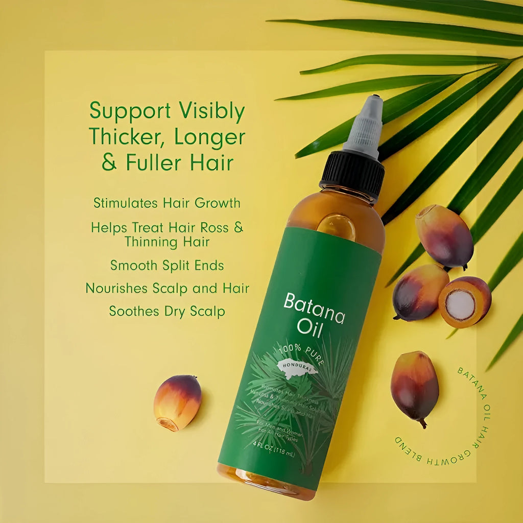 Batana oil hair care essential oil bottle in 118ml and 60ml sizes for moisturising and frizz control