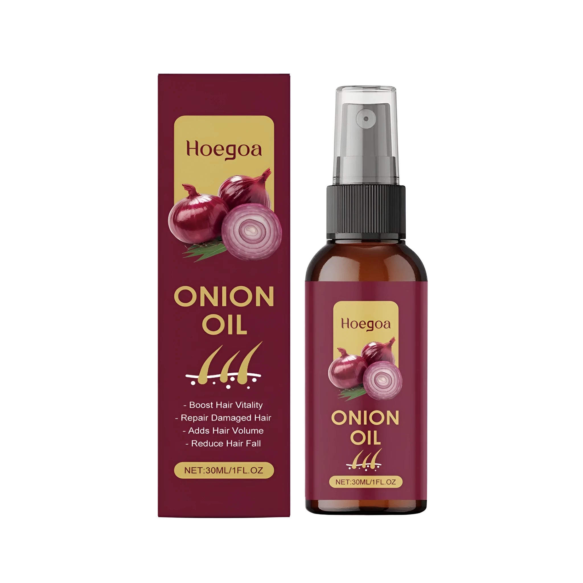 30ml bottle of onion hair care oil with ginger and rosemary ingredients