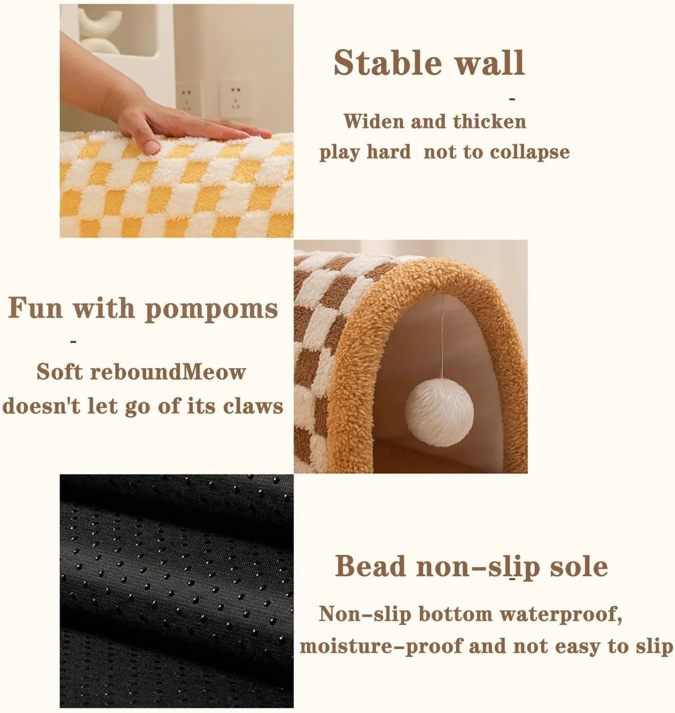 Brown plaid collapsible cat tunnel bed with central mat on a wooden floor.