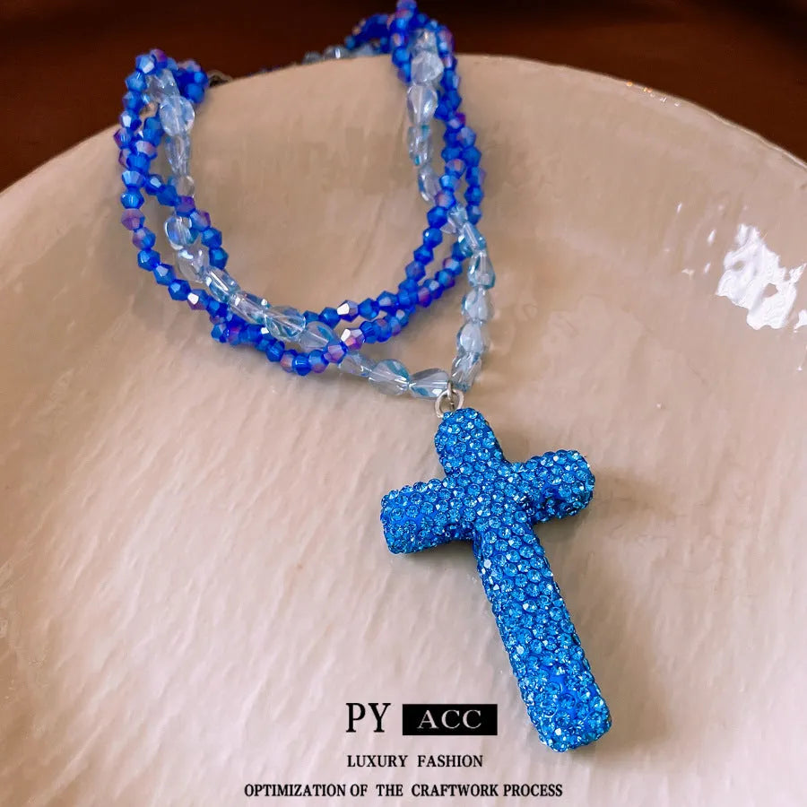 Multi-layer micro glass bead diamond-studded necklace in silver-blue with adjustable clavicle chain