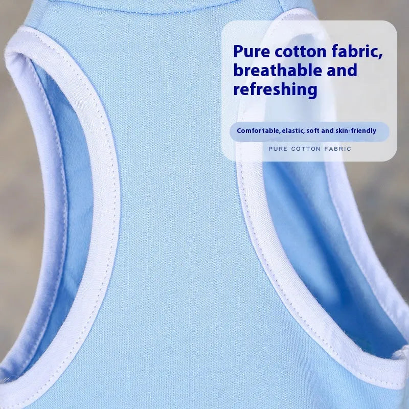 Blue cotton pet sterilization suit for cat or dog recovery with adjustable scarf