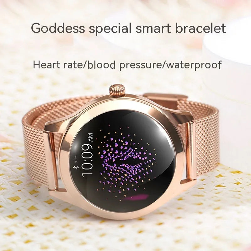 Women's multi-functional smartwatch in black, rose gold, silver, or white with heart rate monitoring.