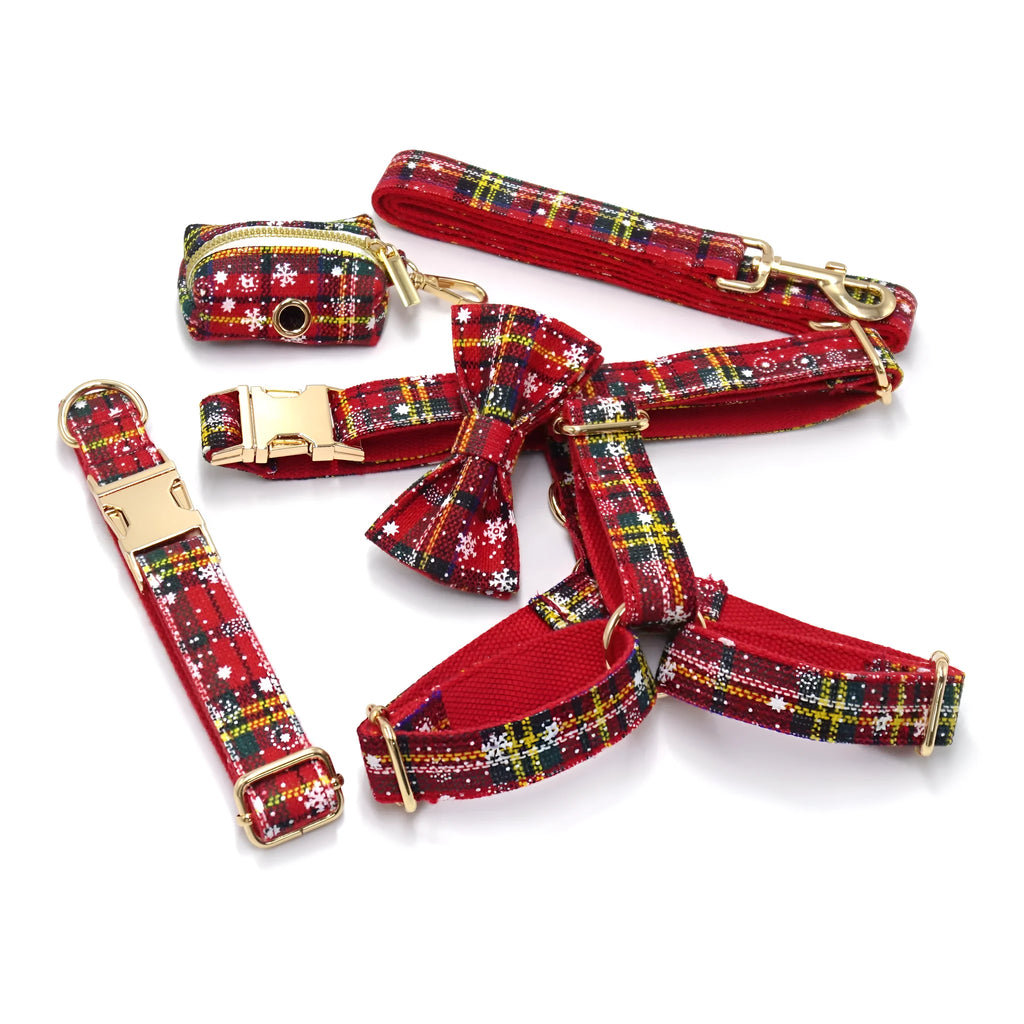 Red Christmas pet accessory set showing collar, leash, bow, harness, and waste bag with laser sculpture design