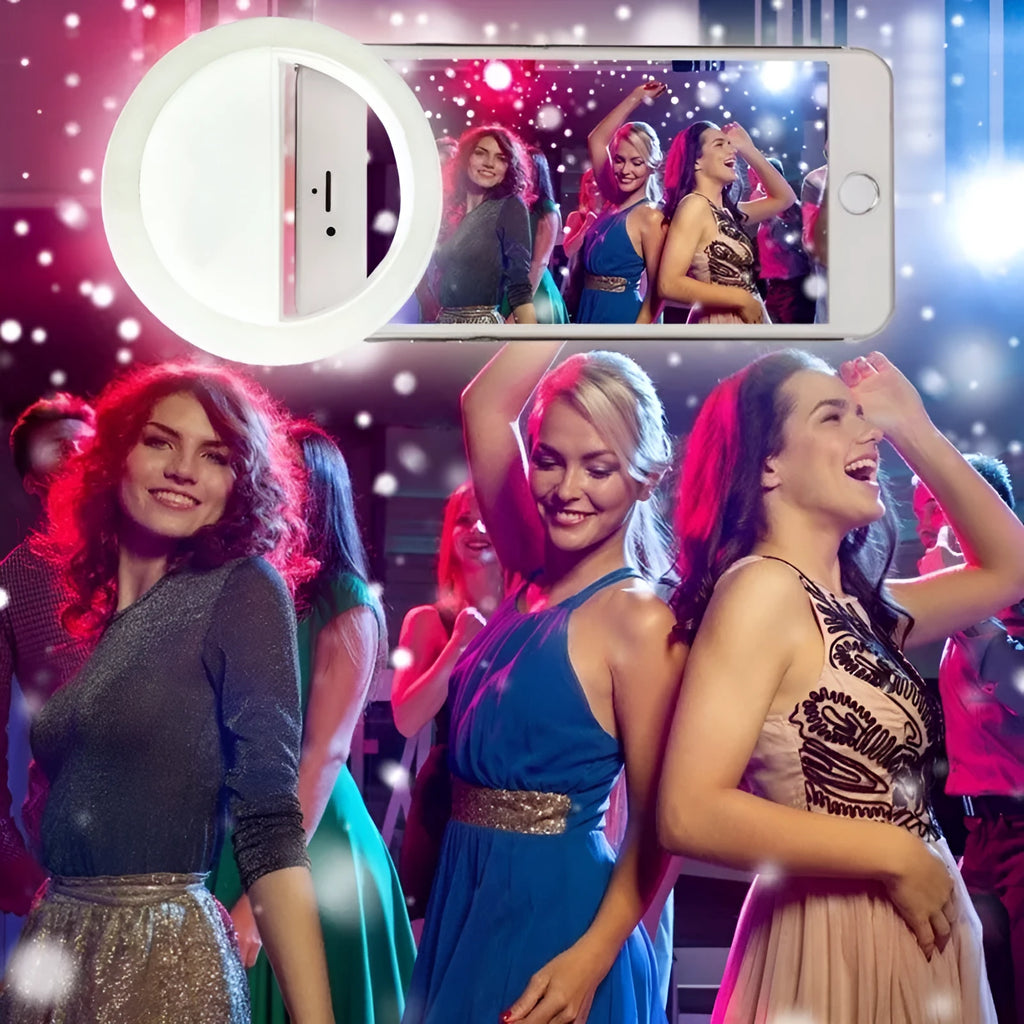 Smartphone clip-on selfie ring light with LED bulbs in green, white, black, pink colours