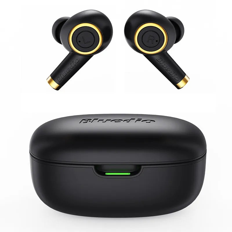 Black true wireless sports headphones with three sizes of earplugs and USB Type-C charging cable