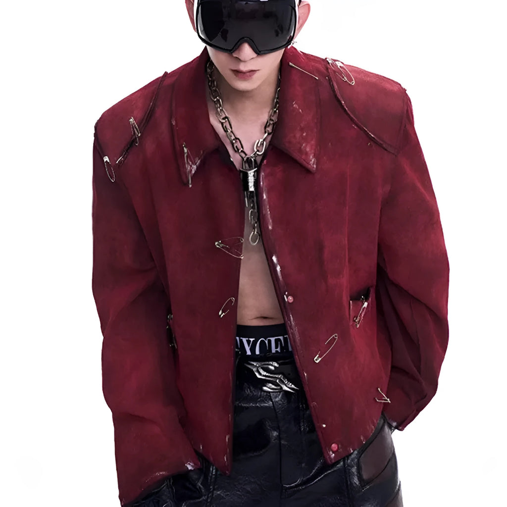 Red men's quilted jacket with decorative pin design and lapel collar, loose fit styling