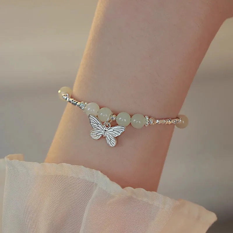 Hetian jade butterfly bracelet and necklace set for women with silver electroplated finish