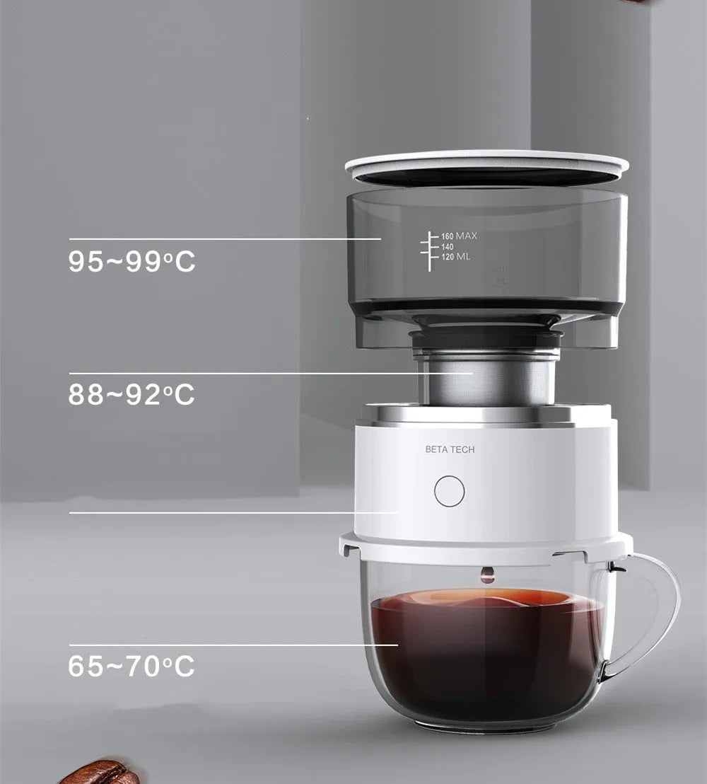 White ABS smart coffee maker with SUS304 filter and Tritan water tank, battery operated