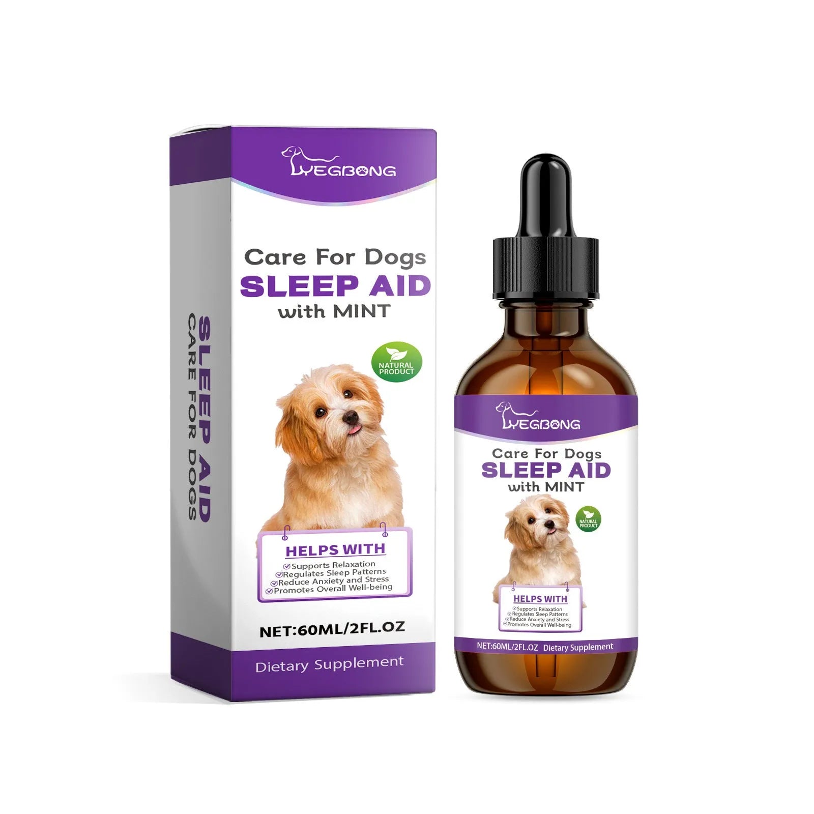 60ml bottle of dog sleep drops with mint extract formula for canine night-time support