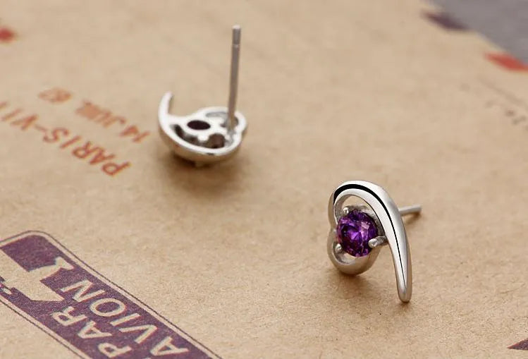 Silver heart-shaped zircon earrings for women, available in purple or white colour, with sterling silver inlay and electroplating finish.