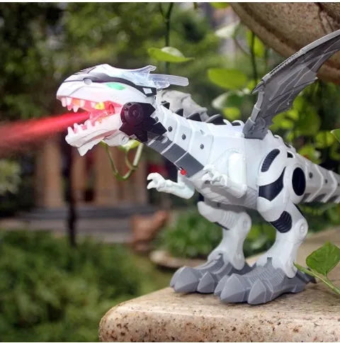 Remote control dinosaur robot in green or white with handheld remote, swinging tail, missile launch, voice and touch interaction