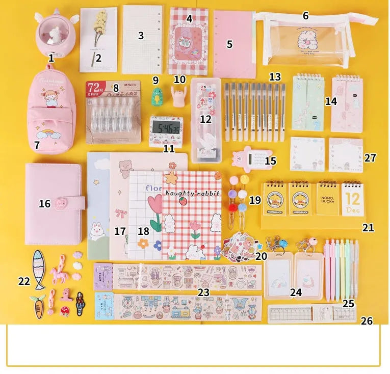 Stationery gift bag with B5 and A5 notebooks, pens, correction tape, clips, ruler, and decorative accessories