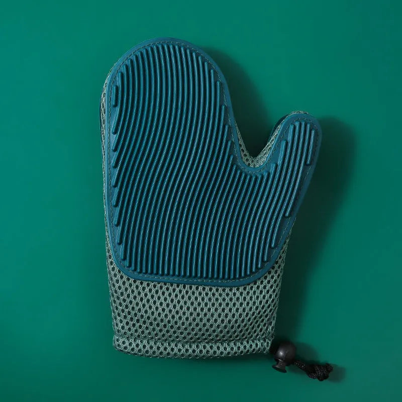 2-in-1 floating hair removal pet grooming glove in blue, pink or green, mesh and TPR, for dogs and cats