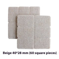 Beige plastic furniture protection foot pads in five different sizes on a wooden floor.