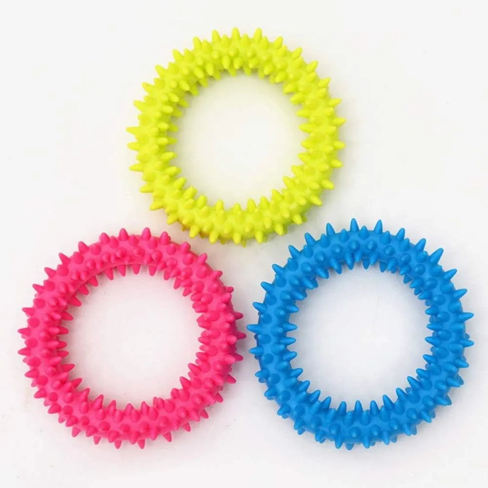 Blue spiky circle ring dog chew toy made from TPR for dental cleaning and bite training.