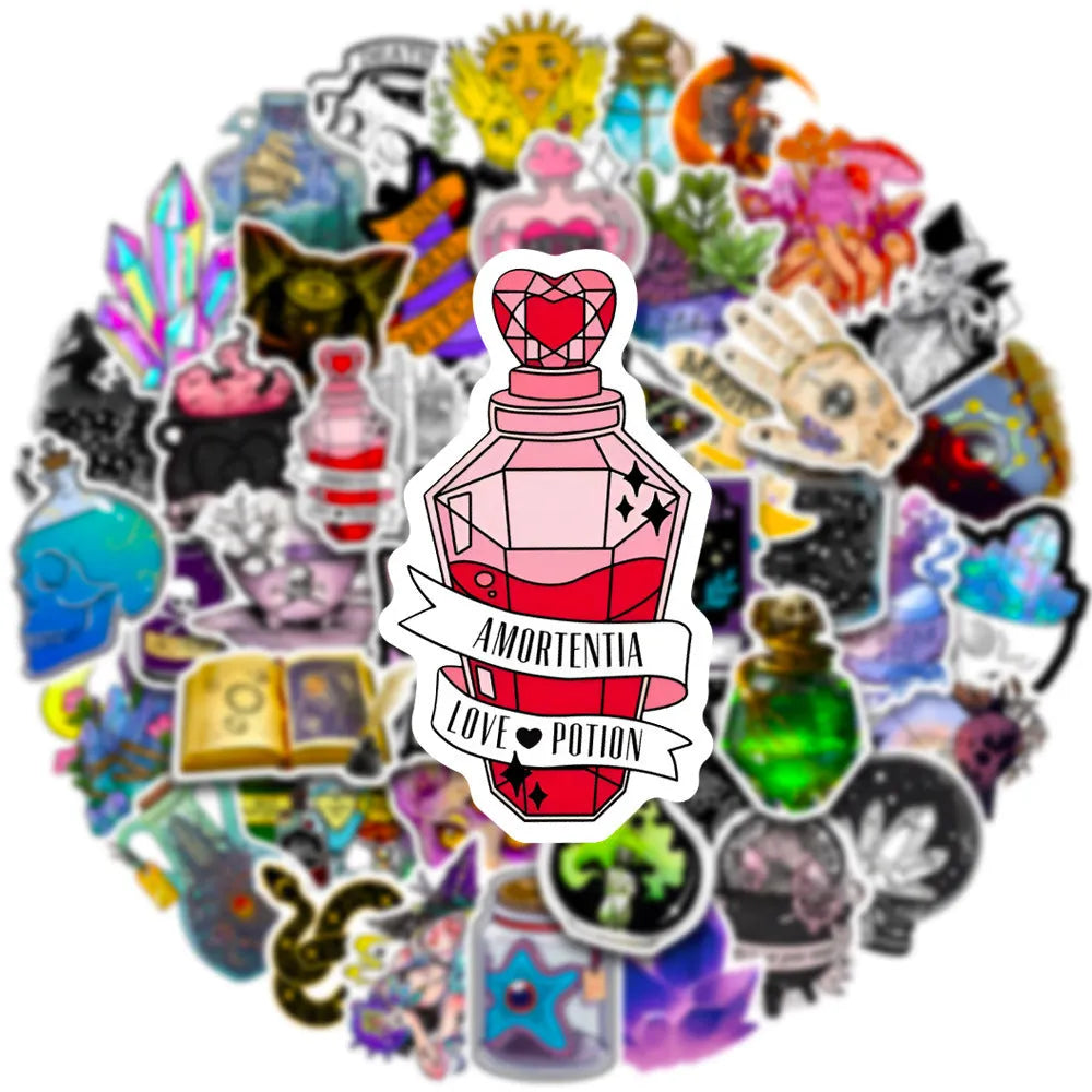 50 piece waterproof PVC luggage stickers with glossy finish in sizes 3cm to 8cm