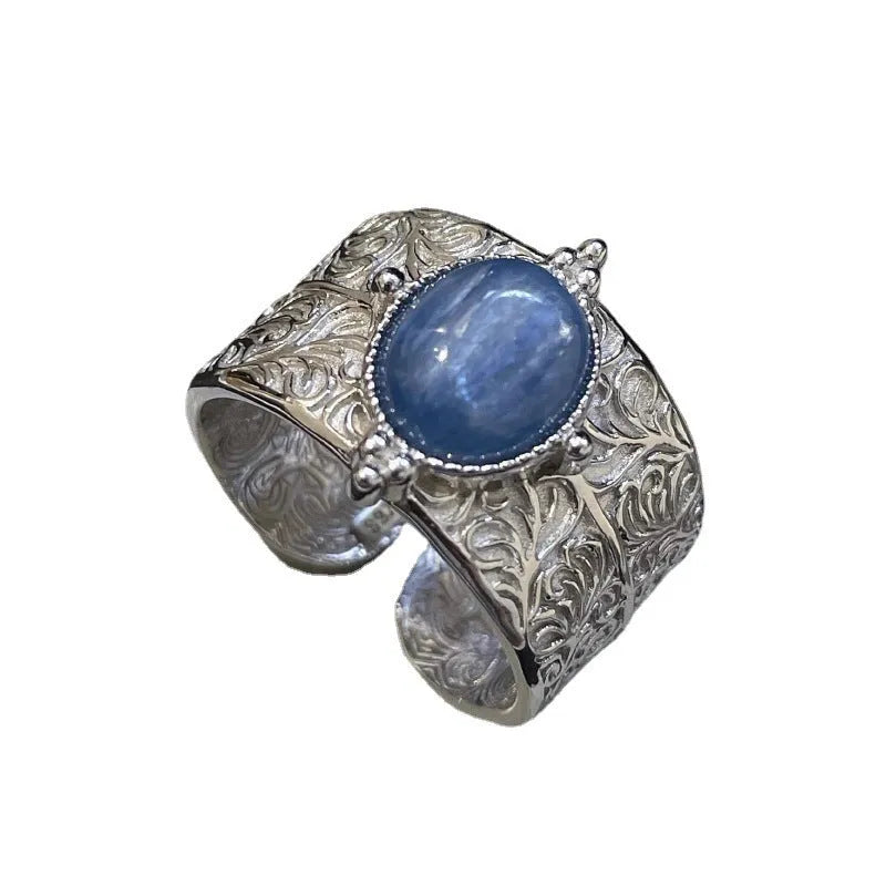 Vintage blue copper wide band ring with heavy industry retro vine pattern adjustable opening