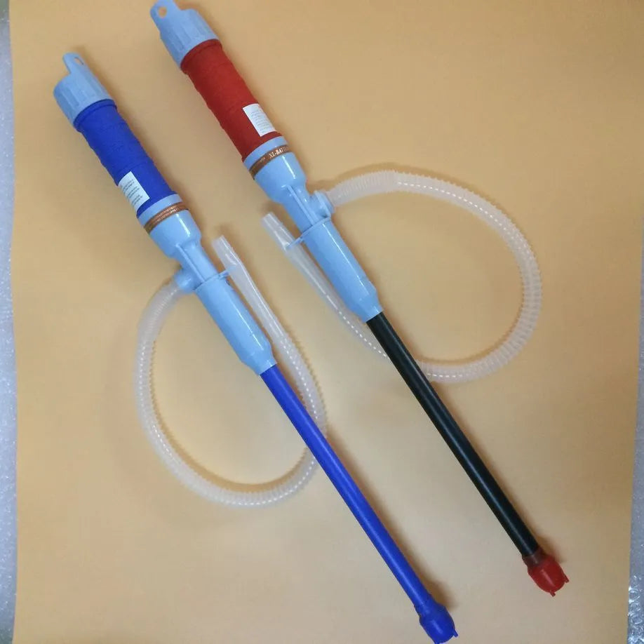 Manual hand pump fuel transfer siphon in blue or red colours for gasoline oil water chemical liquids