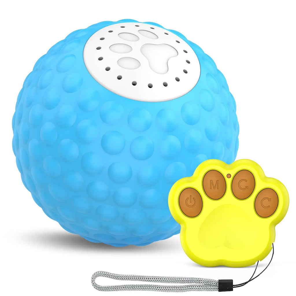 Remote control cat toy ball in blue, green and yellow colours with rolling motion and sound features