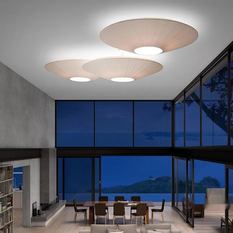 White fabric ceiling lamp with alloy frame, 60 cm diameter, warm light, minimalist design for corridor