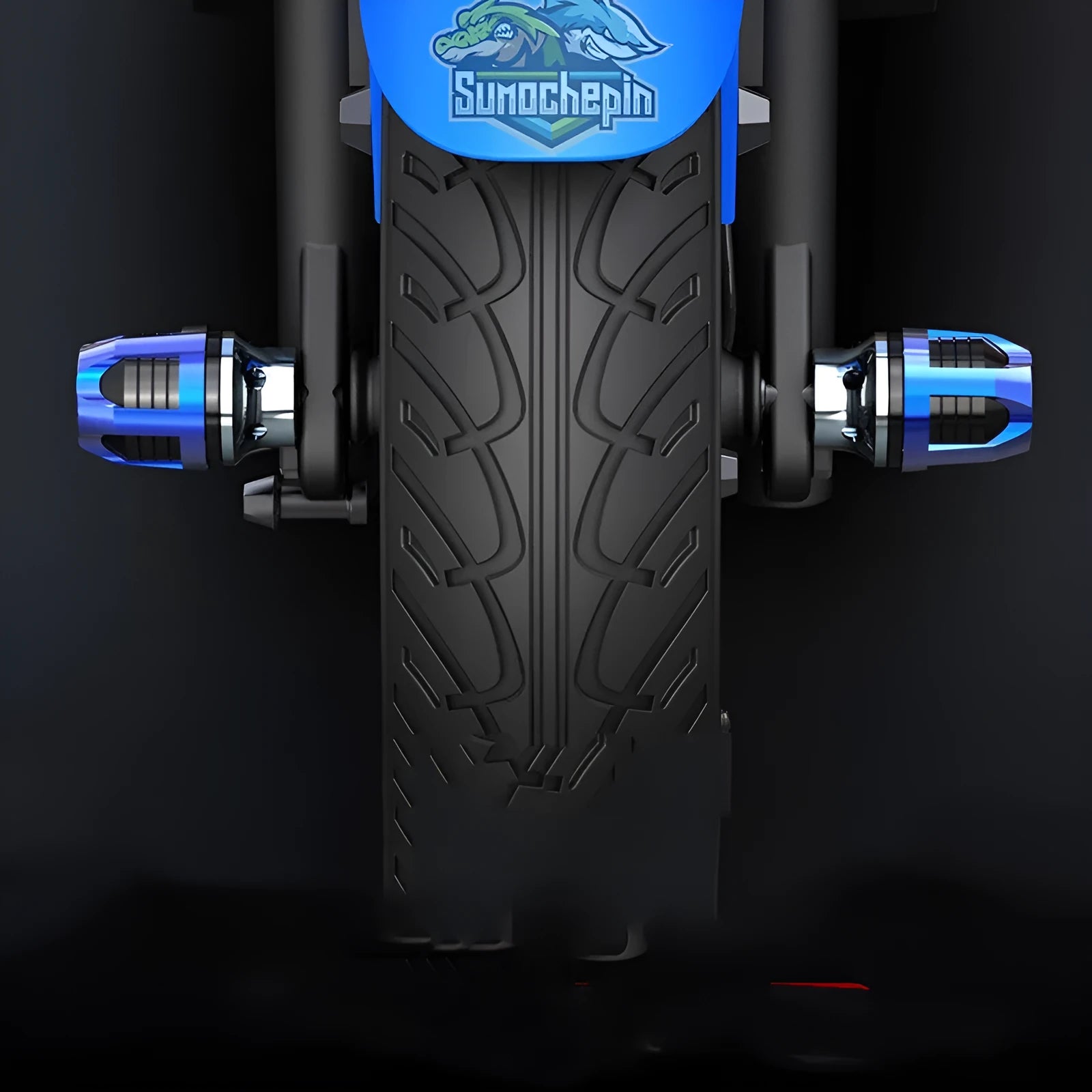 Pair of anodised aluminium fork cups for electric car or motorcycle front axle, shown in blue colour