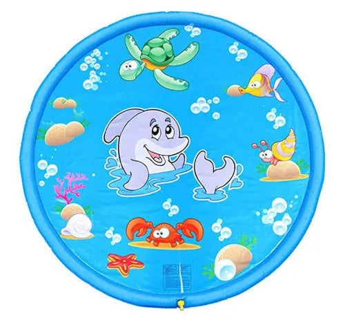 Blue PVC children's water spray play mat with marine animal designs measuring 100cm by 170cm