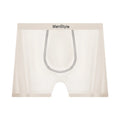 Men's seamless satin ice silk boxer shorts in dark grey, showing mid-waist and single-layer construction.