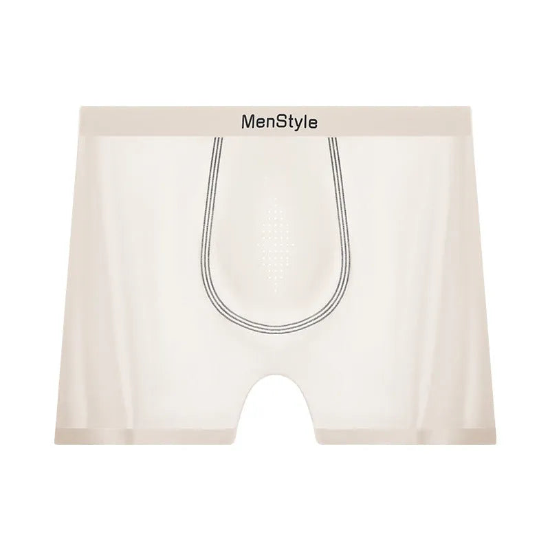 Men's seamless satin ice silk boxer shorts in dark grey, showing mid-waist and single-layer construction.