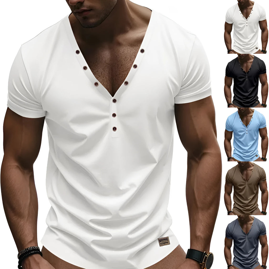 Men's loose fit V-neck t-shirt with button detail in light blue colour.