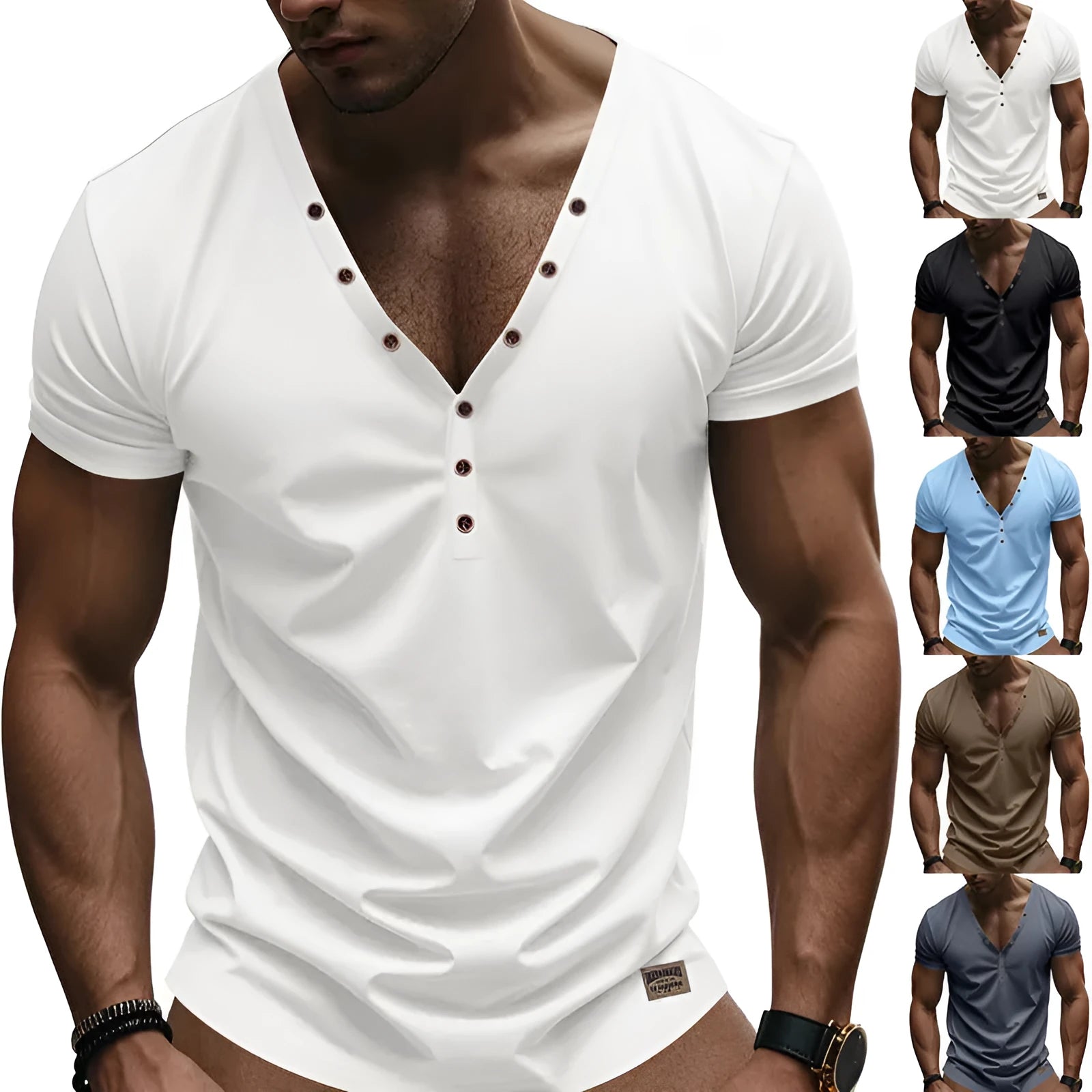 Men's loose fit V-neck t-shirt with button detail in light blue colour.