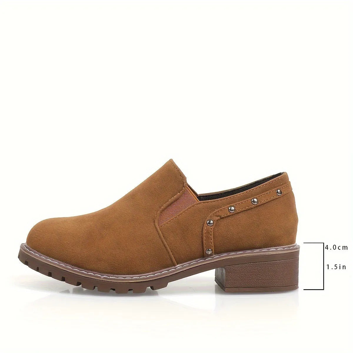 Plus size suede ankle boots with low chunky heel under 3cm, elastic band and metal detail in black or light brown